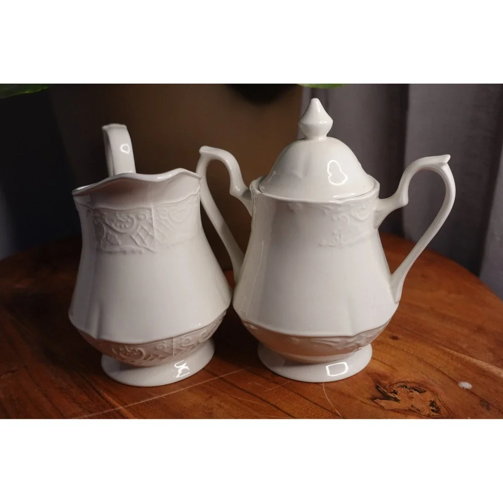 Vintage Creamer and Sugar Bowl Set Made in England‎ Embossed Porcelain